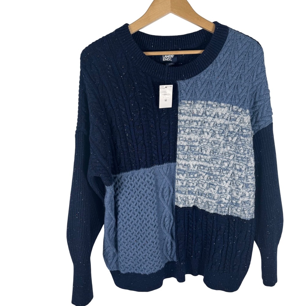 Lands End Patchwork Cable Knit Crewneck Sweater Womens M Navy Donegal NWT